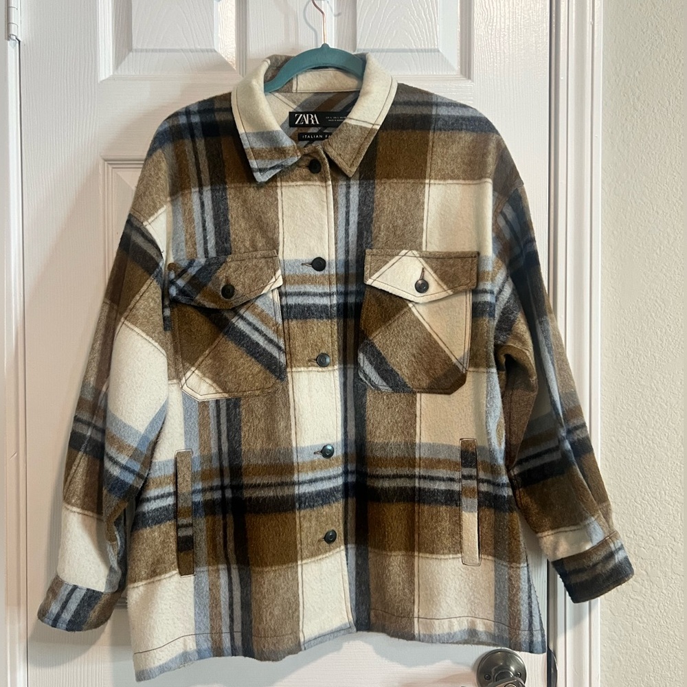 ZARA Wool Blend Brown Plaid Oversized Shacket